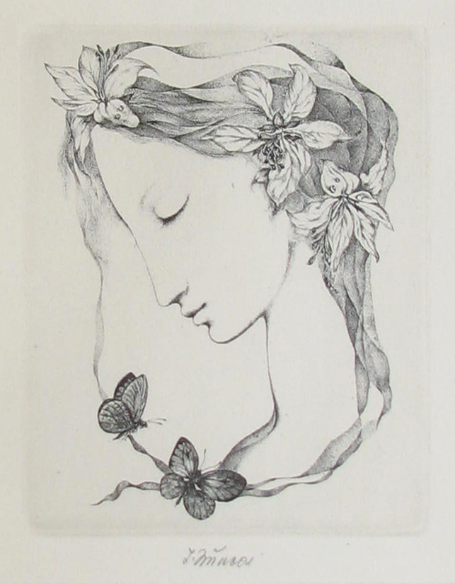 Jiřincová Ludmila (1912 - 1994) : Hlava s květinami a motýli